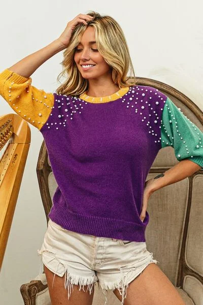 bibi-color-block-pearl-detail-round-neck-sweater