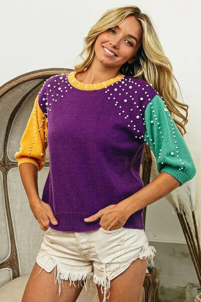 bibi-color-block-pearl-detail-round-neck-sweater