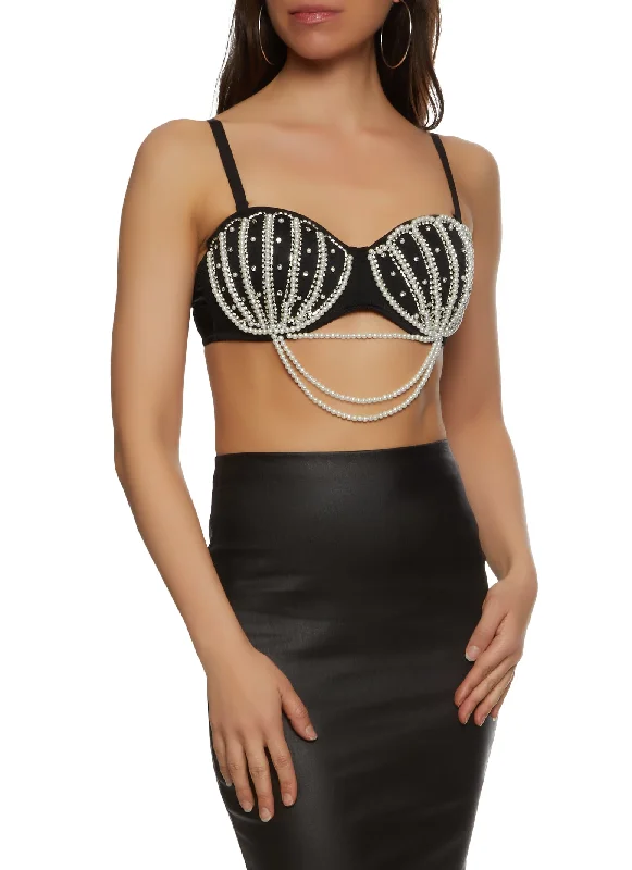 Rhinestone Faux Pearl Convertible Bustier Top