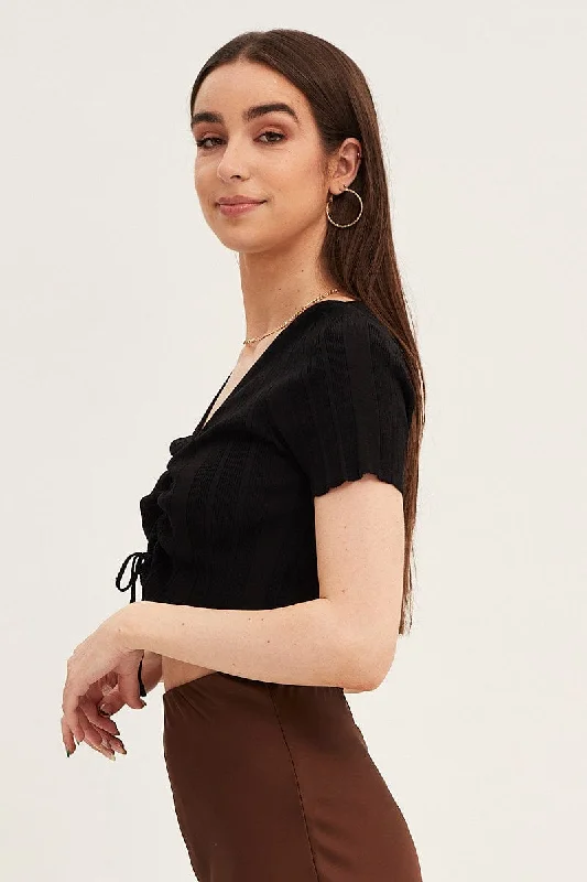 black-short-sleeve-ruched-knit-top-kn1597-40jb