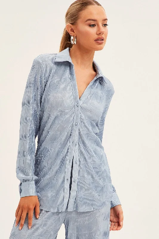 Blue Plisse Shirt Long Sleeve Collared Longline