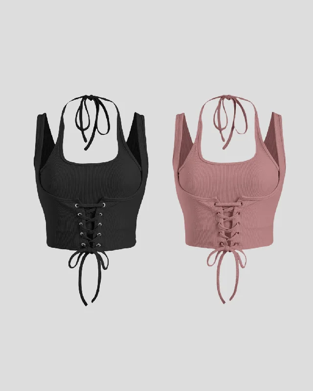 Combo : Cropped Corset Top In  Black & Blush Pink