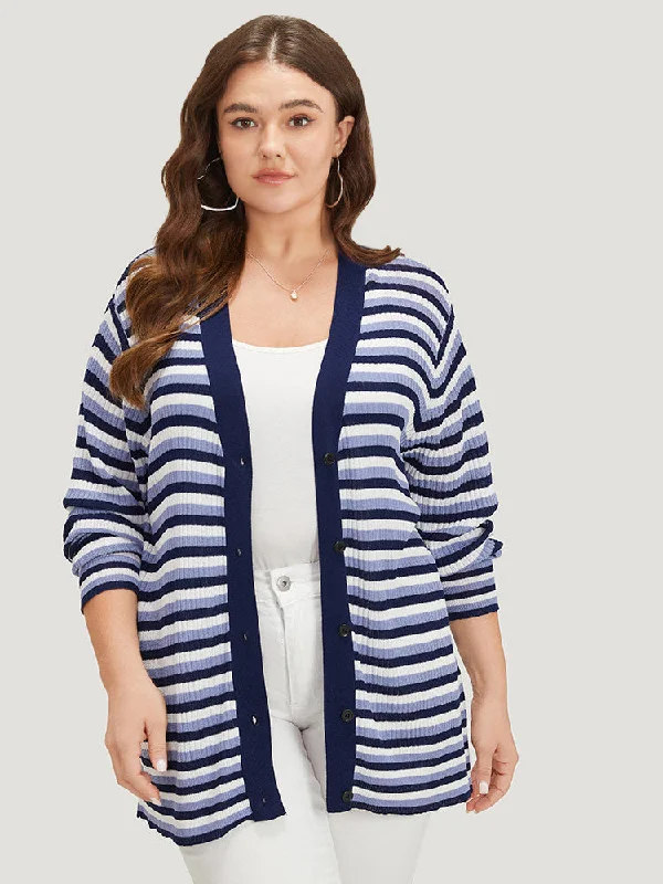 Contrast Striped Rib Knit Button Through Cardigan