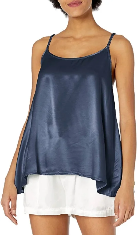 Daisy Satin Tank With Braided Straps & Elastic Back In Navy