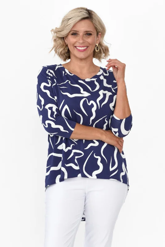 Deliah Navy Geo Hi Lo Bamboo Top