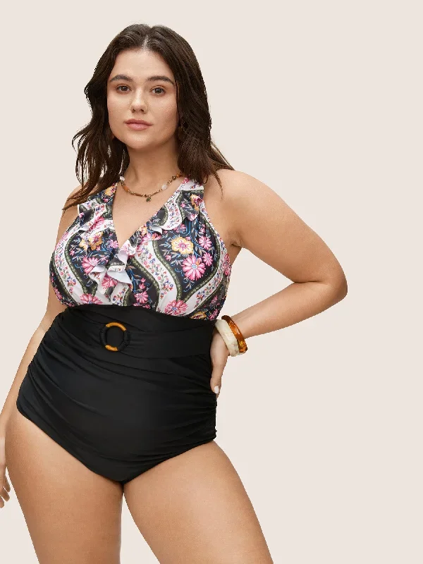 Floral Flutters Buckle Detail One Piece Swimsuit