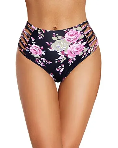 Full Coverage Lace Up Strappy Side Swim Bottom For Hawaii Trip-Black And Pink Floral