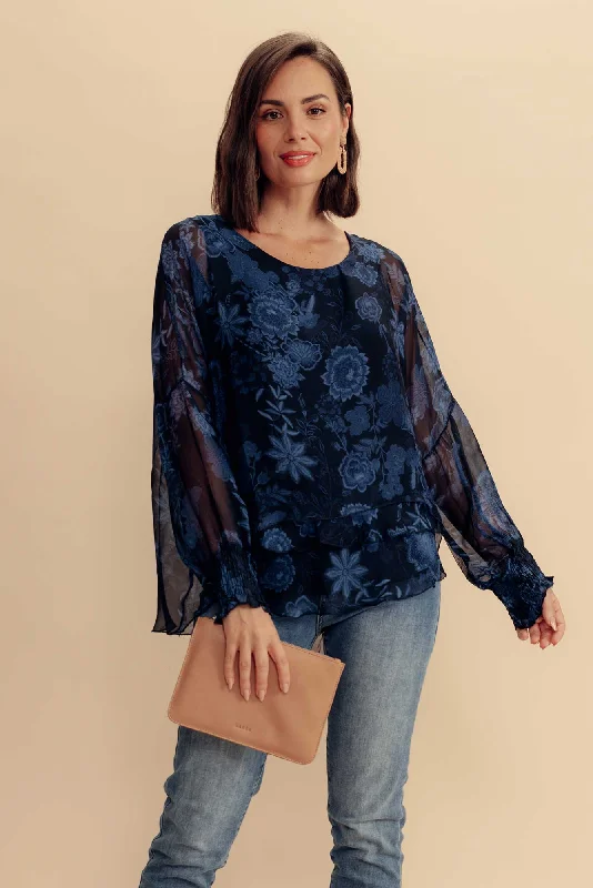 Gaia Navy Floral Silk Layer Top