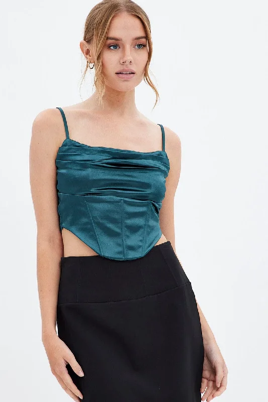 Green Corset Top Sleeveless Cowl Neck