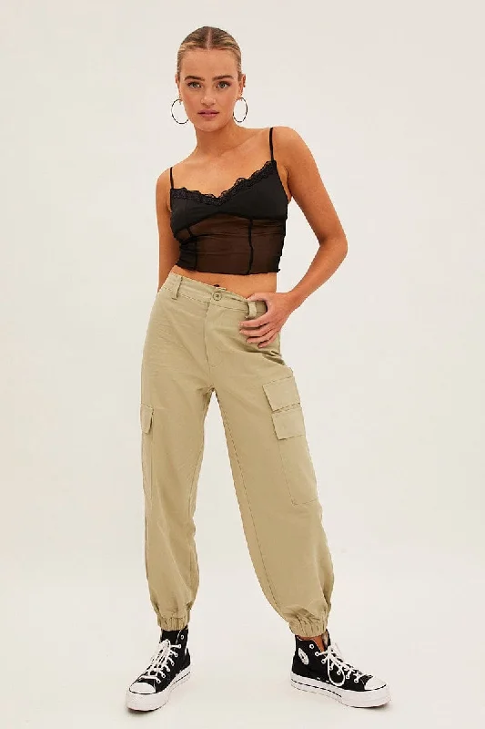 Green High Rise Wide Leg Cargo Pants