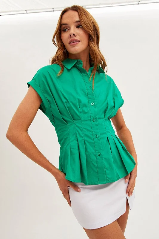 Green Shirt Short Sleeve Collared Gathered Bust