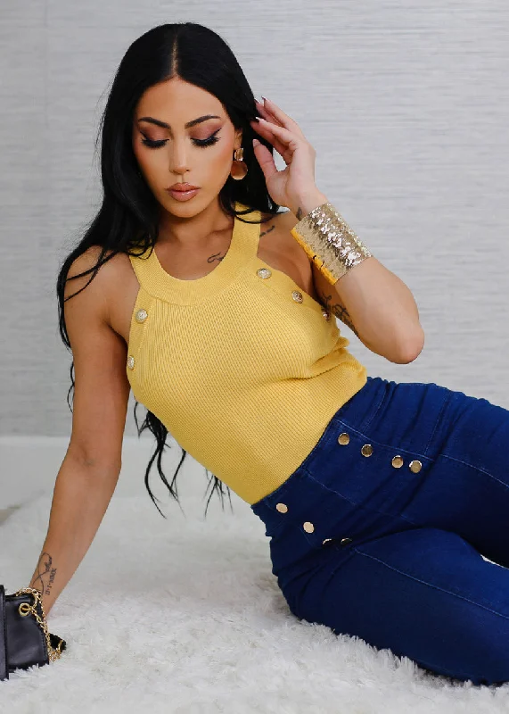 Halter Neck Ribbed Top Yellow w Gold Buttons