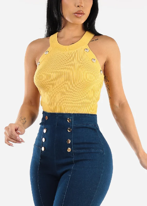 halter-neck-ribbed-top-yellow-w-gold-buttons-t13906yllw