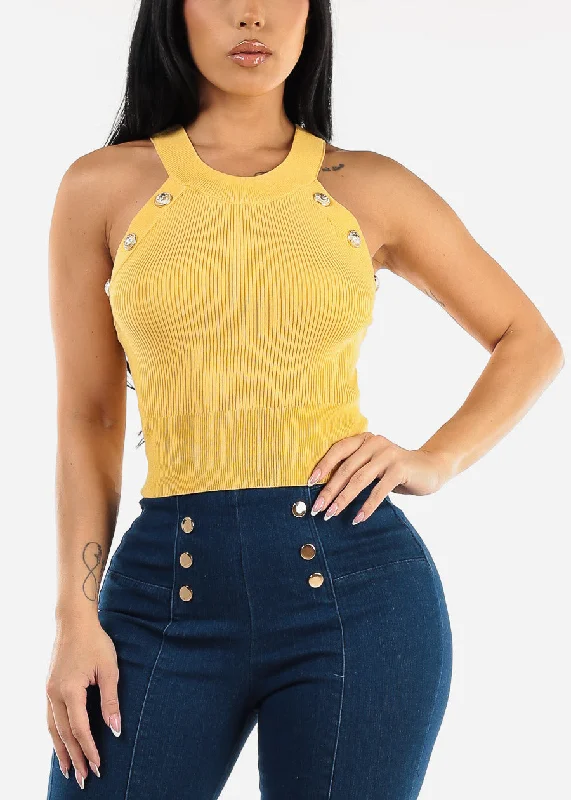 halter-neck-ribbed-top-yellow-w-gold-buttons-t13906yllw