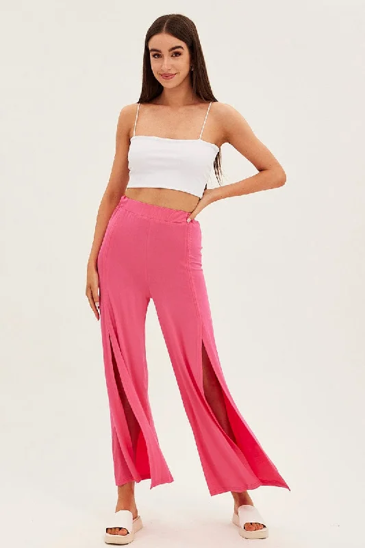 Hot Pink Wide Leg Pants High Rise Front Split