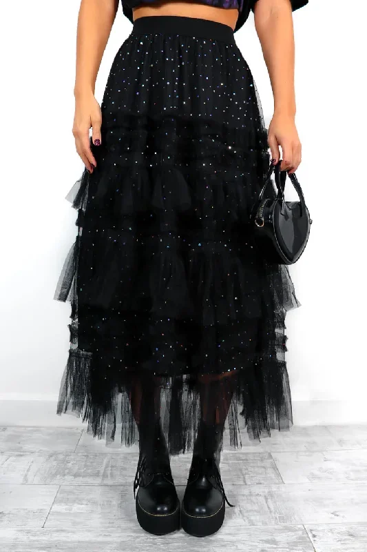 Its Tulle Late - Black Diamante Lace Midi Skirt