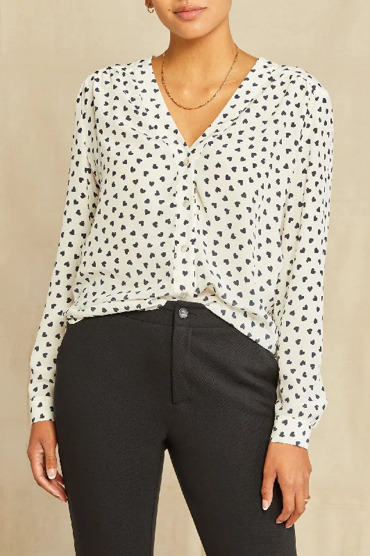 Kaya Washable Silk Blouse - Heart Ivory Navy Print