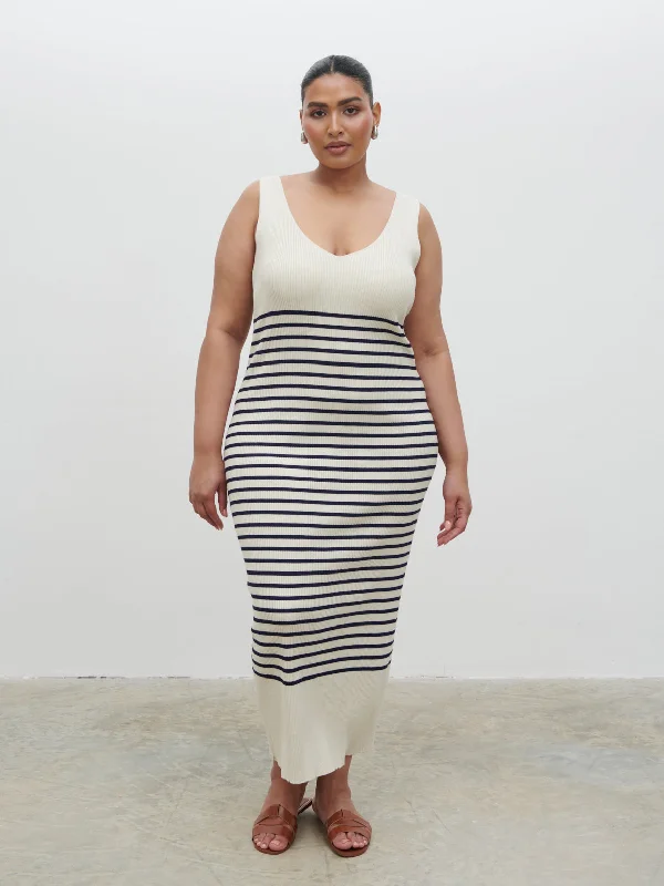 Maria Stripe Knit Midaxi Dress Curve - Cream and Navy