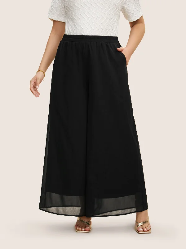 Mid Rise Mesh Elastic Waist Wide Leg Pants