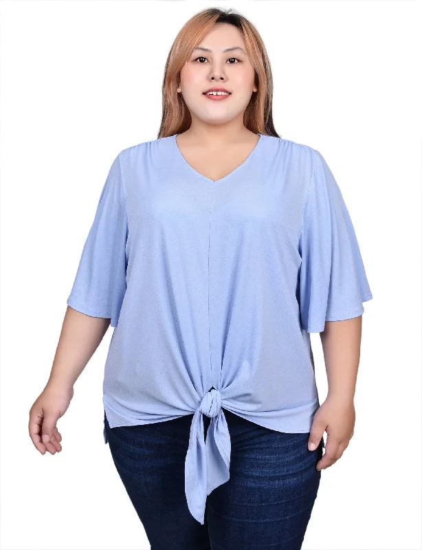 Elbow Sleeve Tie-Front Top - Plus