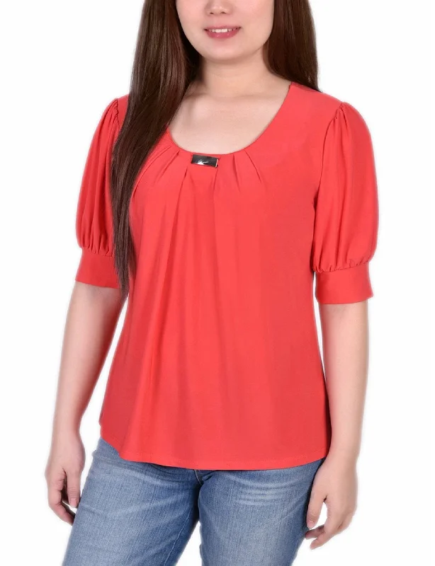 Short Sleeve Balloon Sleeve Top With Hardware - Petite