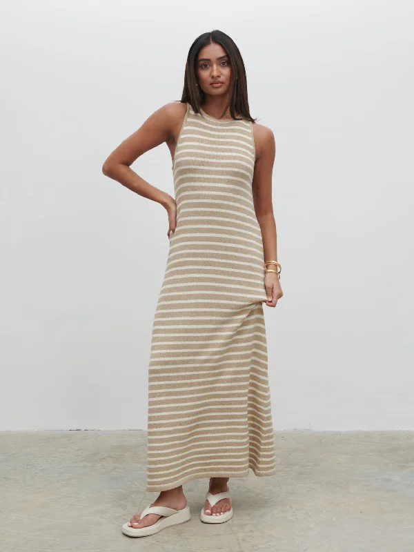 Ocean Stripe Knit Midaxi Dress - Beige and Cream