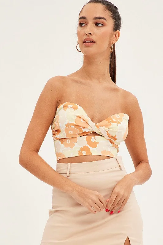 Orange Floral Twist Crop Top Bandeau Floral Print