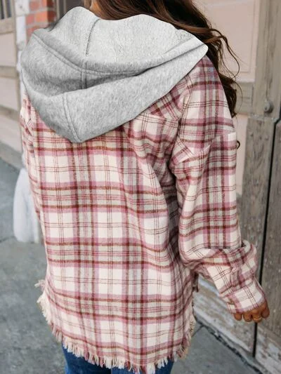 plaid-raw-hem-drawstring-hooded-jacket