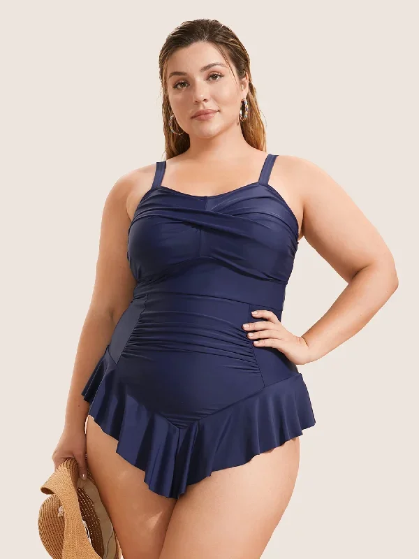 Plain Crossover Flutter Trim One Piece Swimsuit