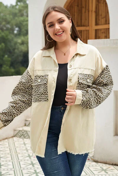 plus-size-leopard-button-up-raw-hem-denim-jacket