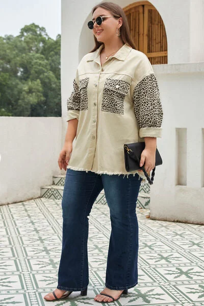 plus-size-leopard-button-up-raw-hem-denim-jacket