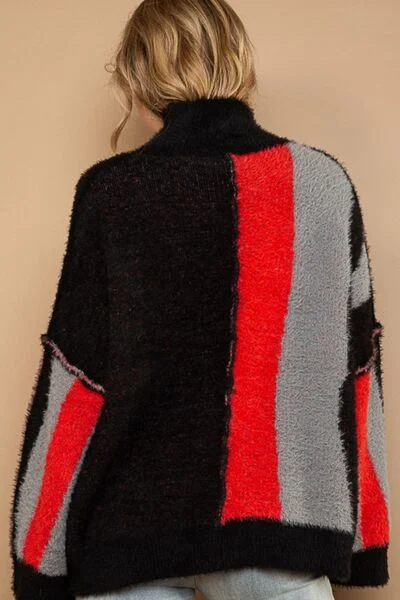 pol-turtleneck-color-block-fringe-detail-sweater