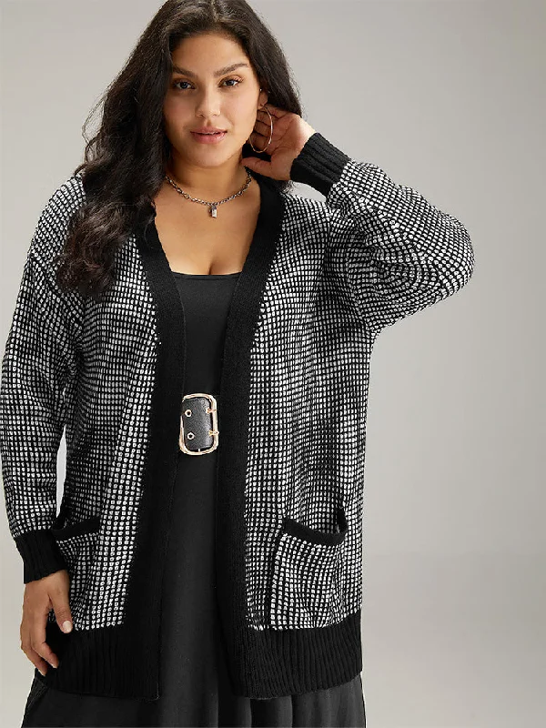 Polka Dot Patched Pocket Drop Shoulder Cardigan