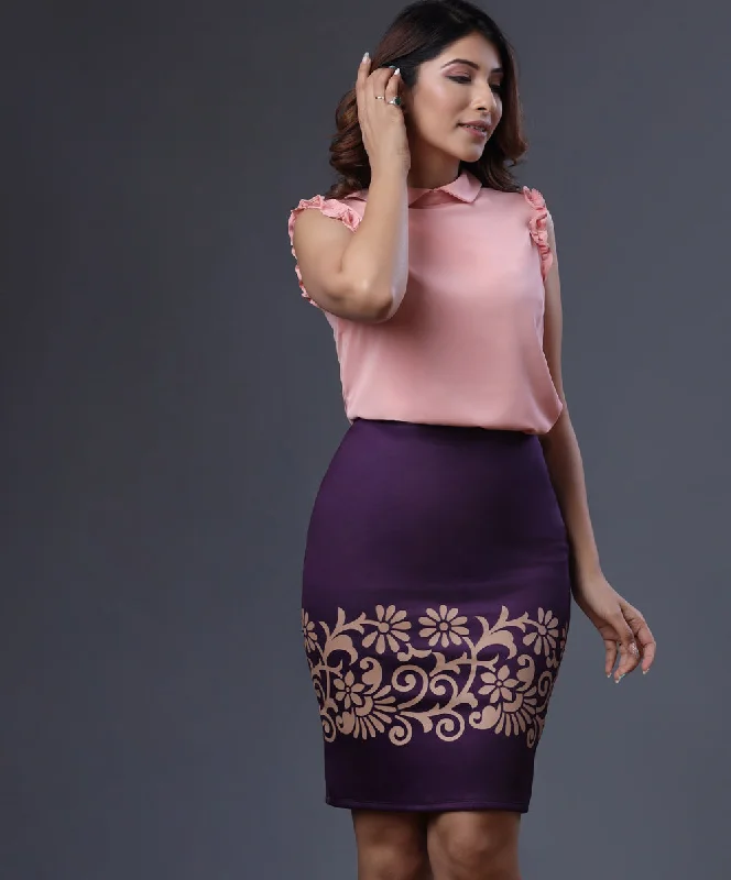 Purple Scuba Border Printed Bodycon Skirt