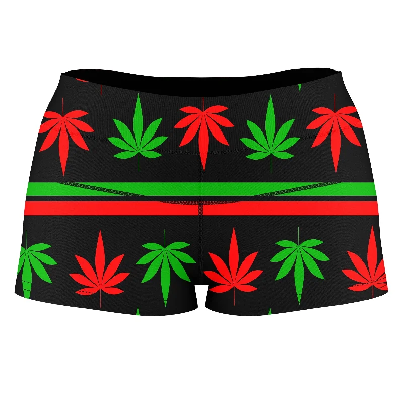 Red And Green Festive Bud High-Waisted Women's Shorts