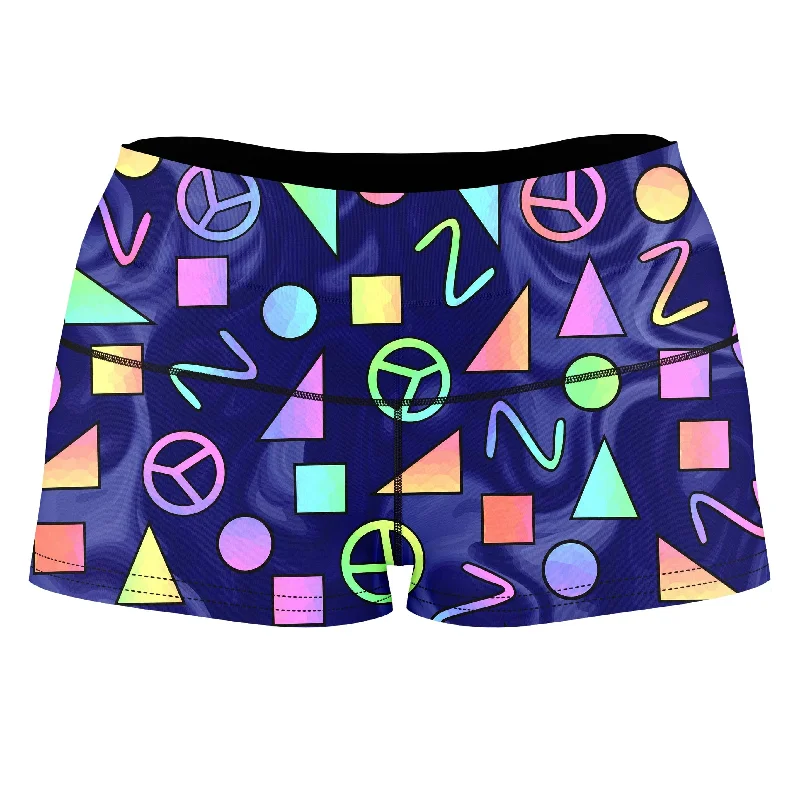 Retro Shapes Peace Symbols Blue High-Waisted Women's Shorts