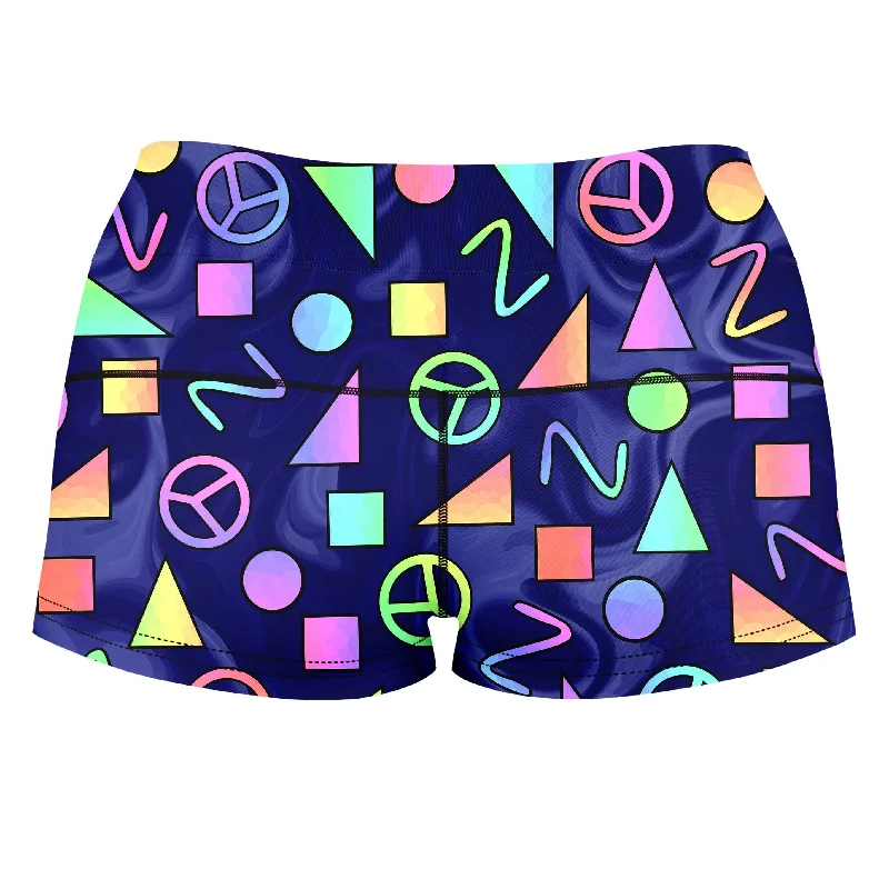 retro-shapes-peace-symbols-blue-high-waisted-womens-shorts