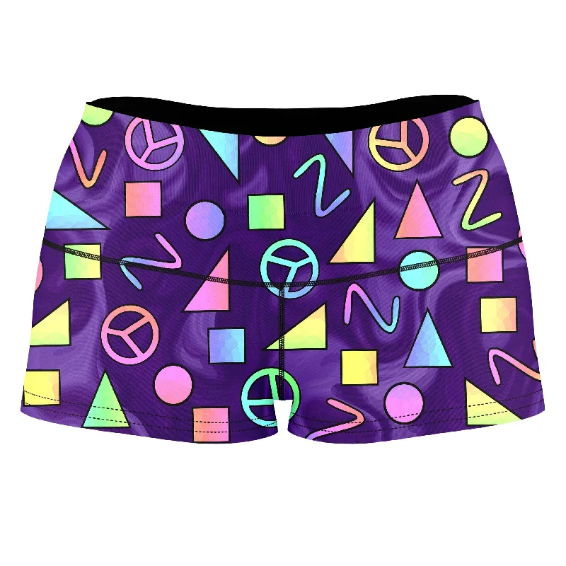 Retro Shapes Peace Symbols Purple High-Waisted Women's Shorts