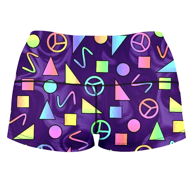 retro-shapes-peace-symbols-purple-high-waisted-womens-shorts