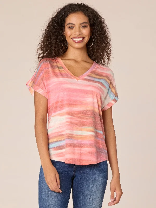 Roll Cuff V Neck Watercolor Tie Dye Knit Tee