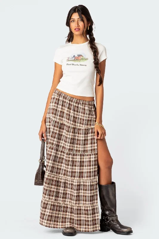 Plaid Side Slit Tiered Maxi Skirt