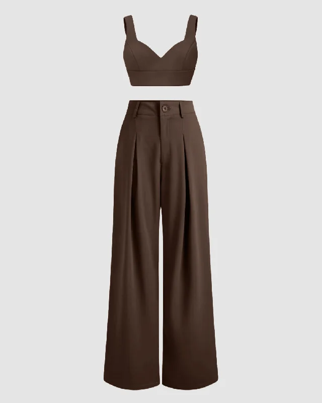 Set Of Two Cropped Top With Korean Style Baggy Trouser In Dark Brown