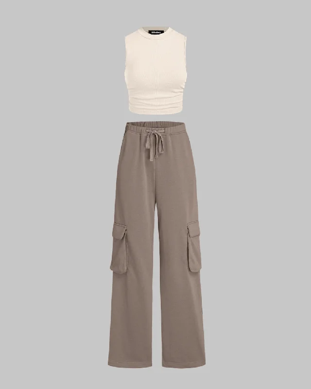 Set Of Two: Ruched Apricot Tank Top & Double Pocket Aesthetics Trouser