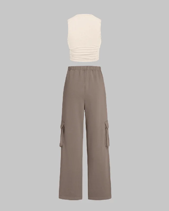 set-of-two-ruched-apricot-tank-top-double-pocket-aesthetics-trouser