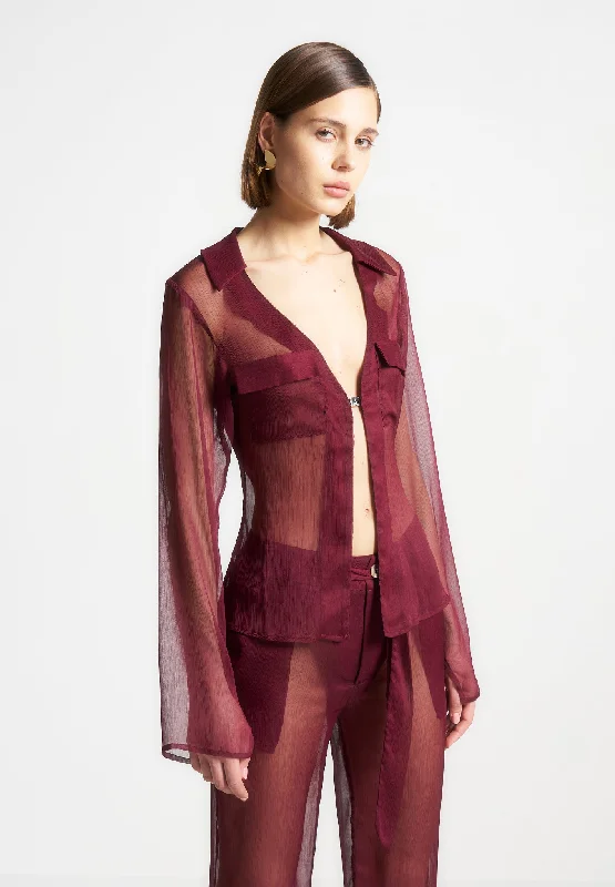 Sheer Shirt with Clasp - Wine Red