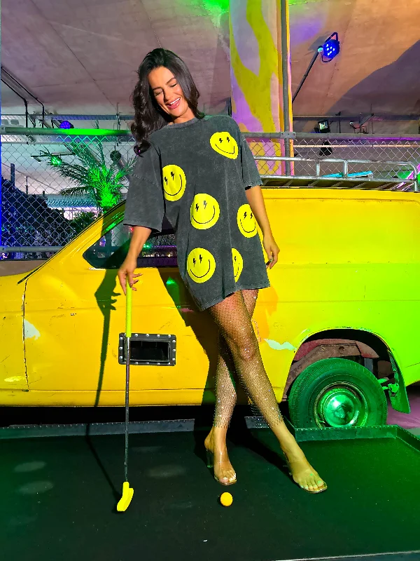 She's All Smiles - Acid Wash Yellow T-Shirt Dress