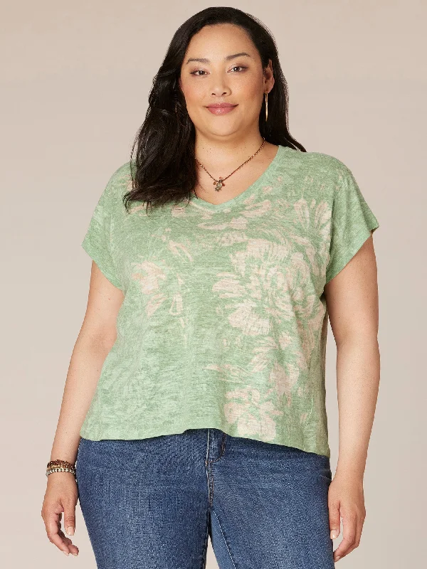 Short Sleeve V-Neck Hi-Low Floral Print Plus Size Knit Tee Shirt