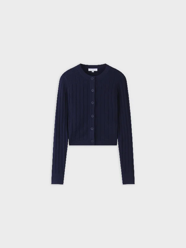 Silk Knit Cropped Cardigan-Navy