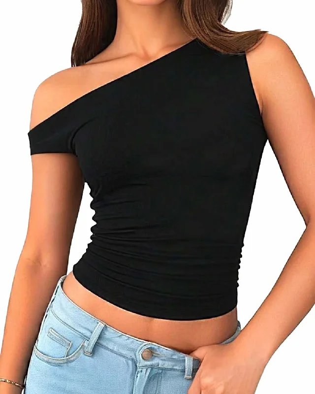 Slant Shoulder Asymmetrical Neckline Cropped Top