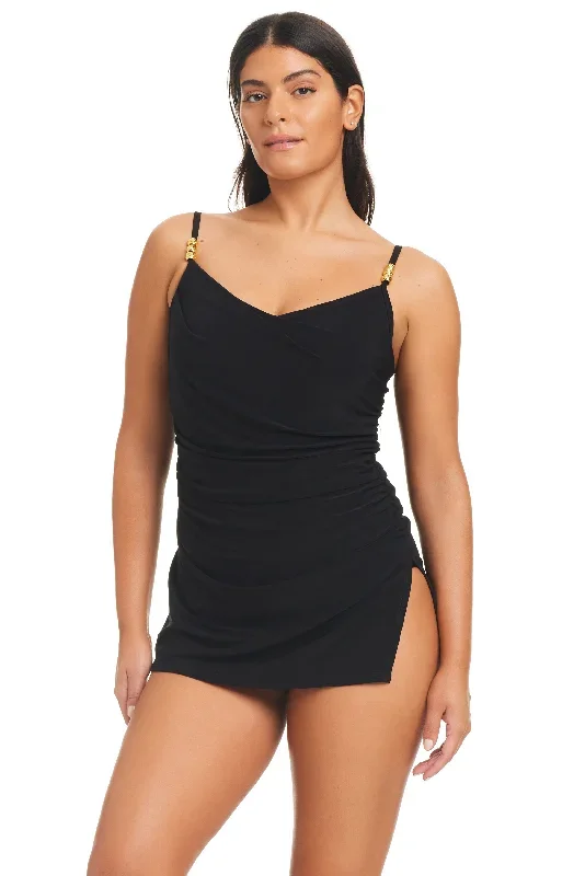 Solid Essentials Cowl Neck Tummy Control  Swim Dress